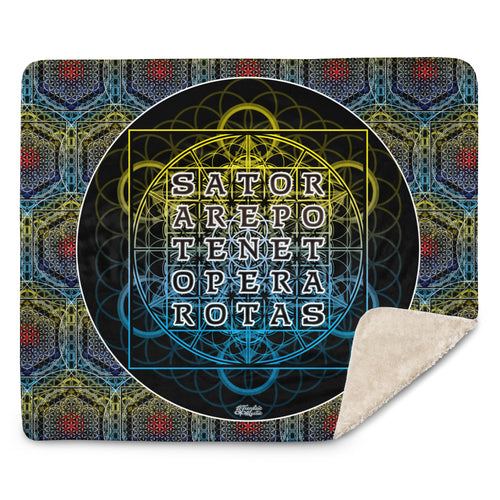 SATOR Square sherpa blanket shown flat, highlighting the central palindrome and layered geometric artwork.