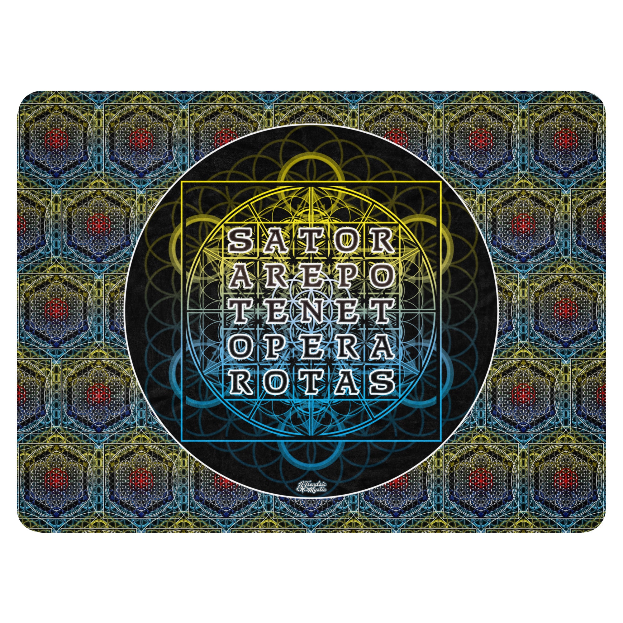 SATOR Square sherpa blanket shown flat, highlighting the central palindrome and layered geometric artwork.