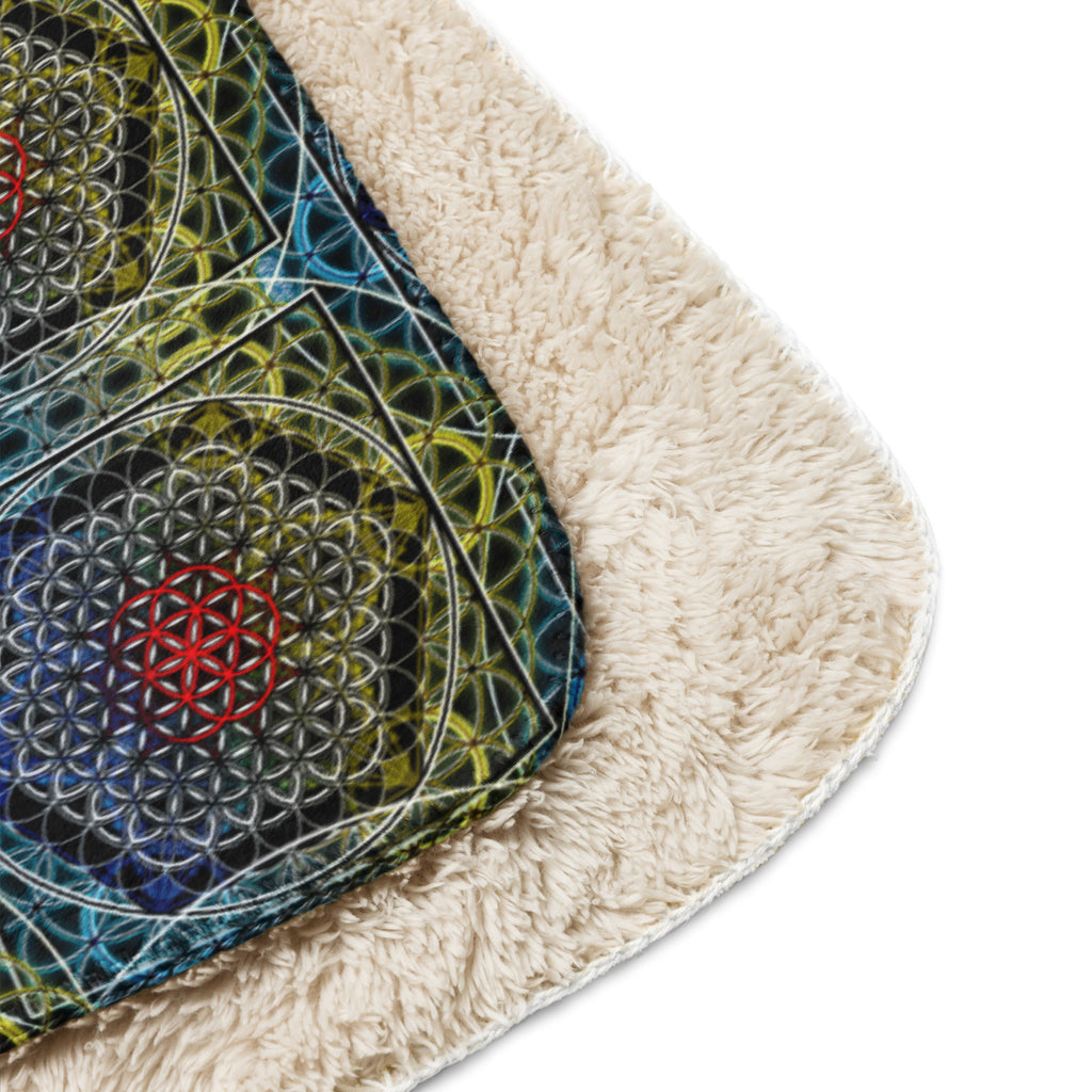 Close-up of a rug with a geometric pattern and fluffy border.