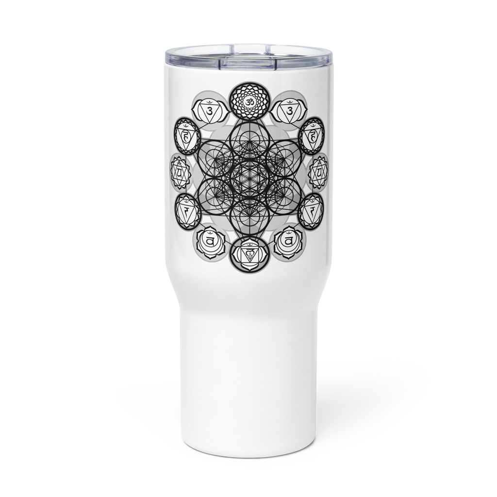 Mystic Alignment travel mug with handle — geometric wrap