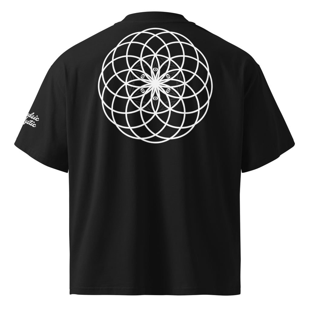 Mystic Eyes organic oversized high neck unisex t-shirt — sacred geometry mandala on front, Flower of Life on back, multiple colors