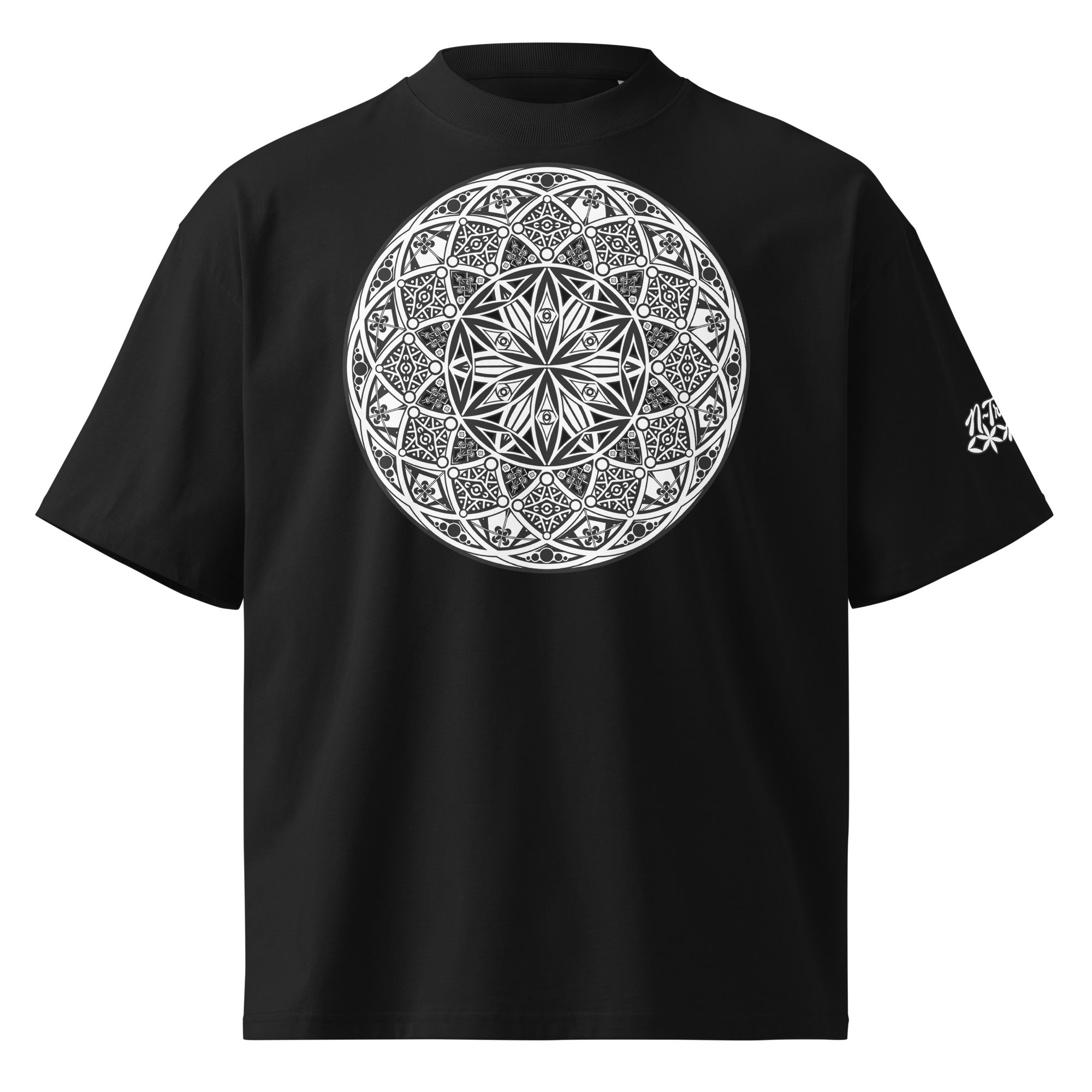 Mystic Eyes organic oversized high neck unisex t-shirt — sacred geometry mandala on front, Flower of Life on back, multiple colors