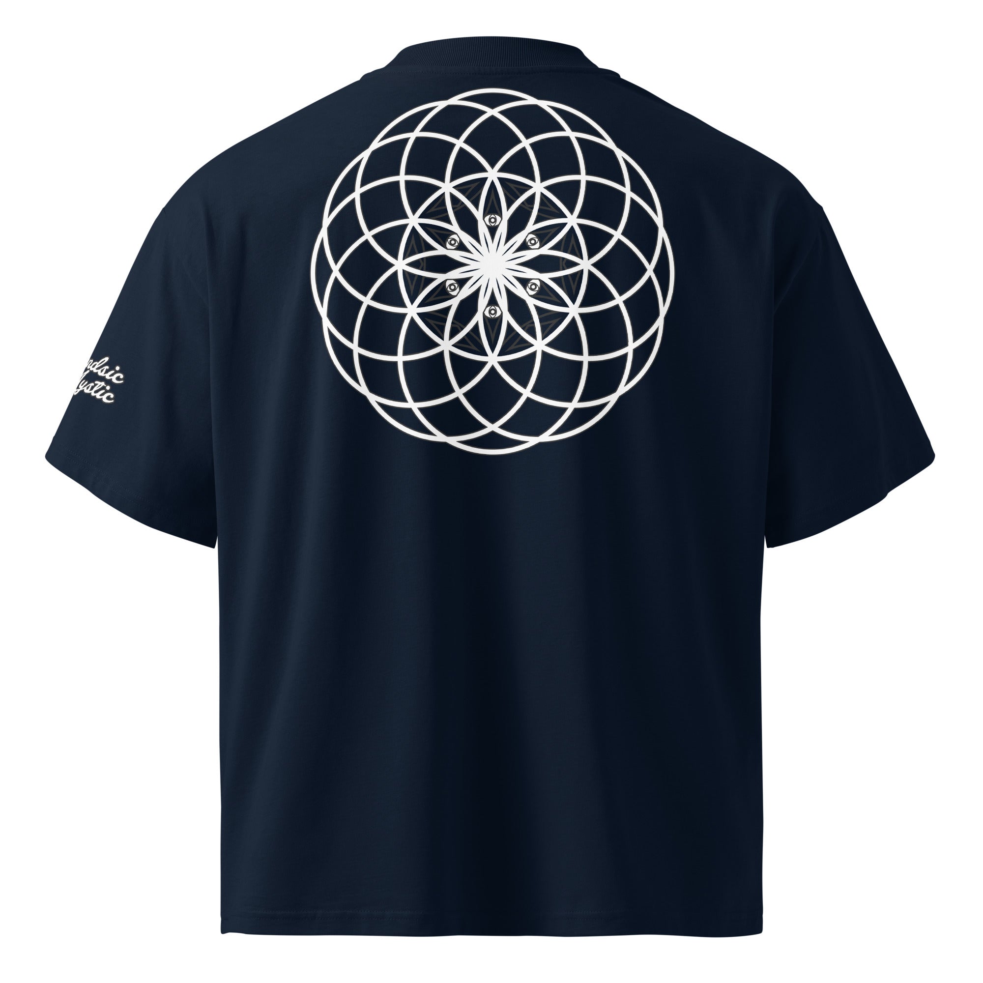 Mystic Eyes organic oversized high neck unisex t-shirt — sacred geometry mandala on front, Flower of Life on back, multiple colors