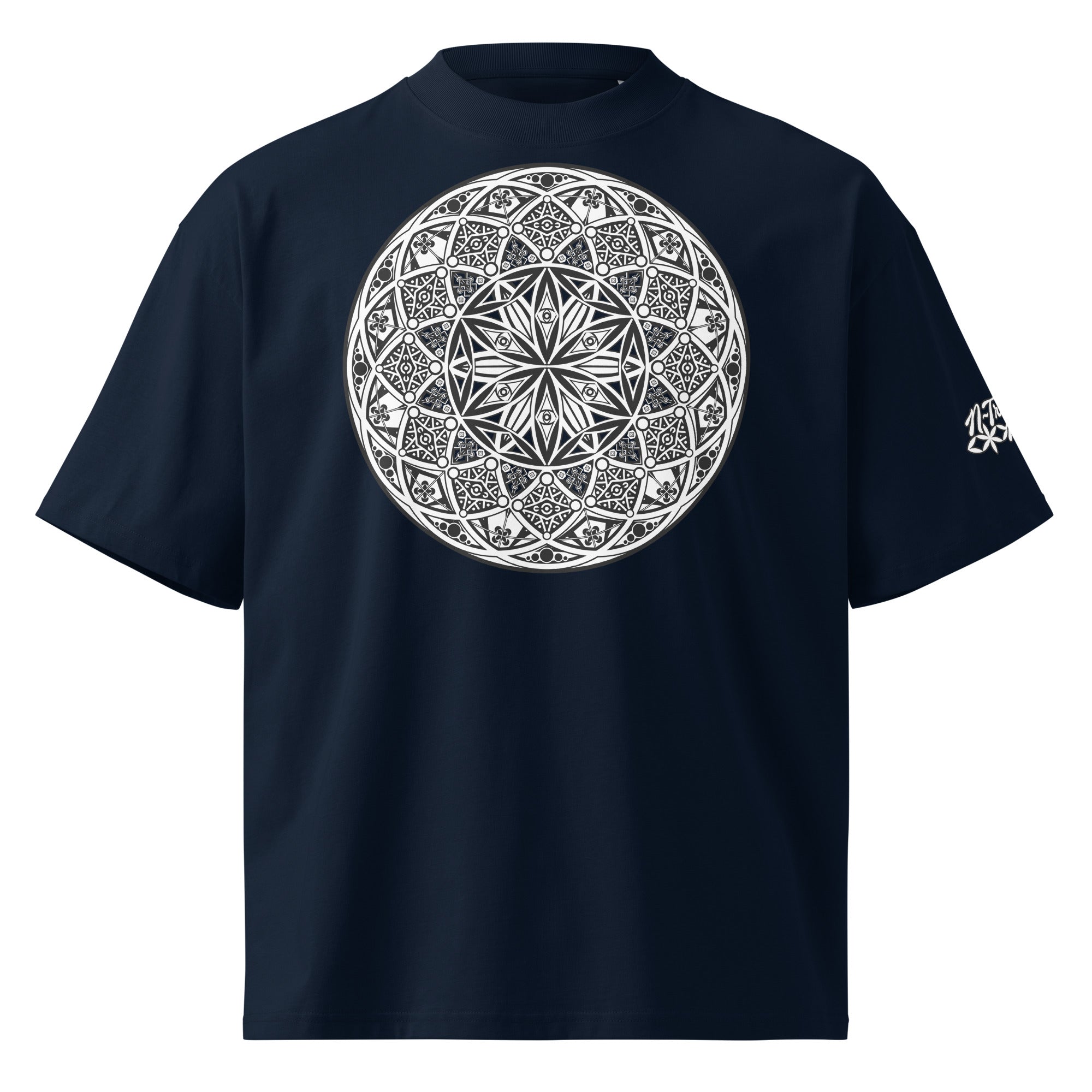 Mystic Eyes organic oversized high neck unisex t-shirt — sacred geometry mandala on front, Flower of Life on back, multiple colors