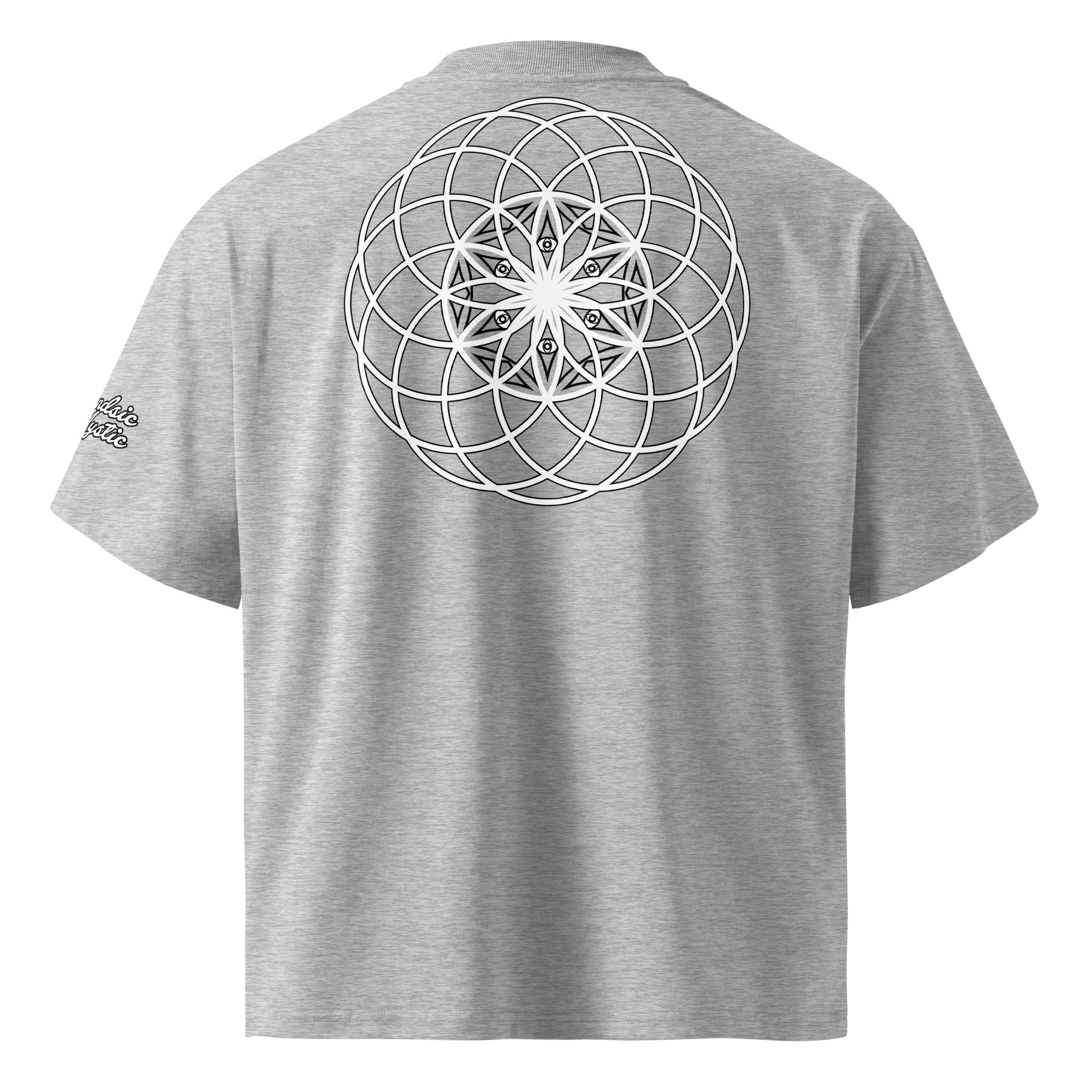 Mystic Eyes organic oversized high neck unisex t-shirt — sacred geometry mandala on front, Flower of Life on back, multiple colors