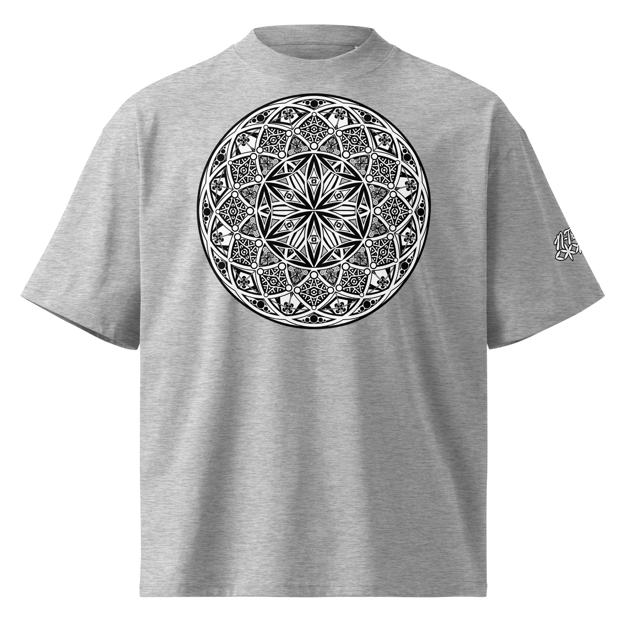 Mystic Eyes organic oversized high neck unisex t-shirt — sacred geometry mandala on front, Flower of Life on back, multiple colors