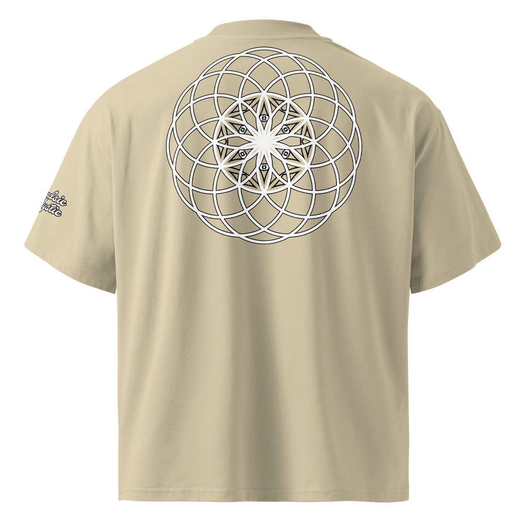 Mystic Eyes organic oversized high neck unisex t-shirt — sacred geometry mandala on front, Flower of Life on back, multiple colors