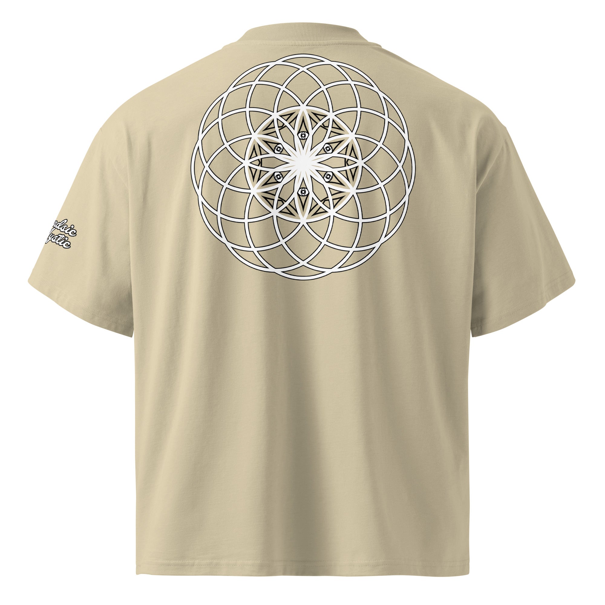 Mystic Eyes organic oversized high neck unisex t-shirt — sacred geometry mandala on front, Flower of Life on back, multiple colors