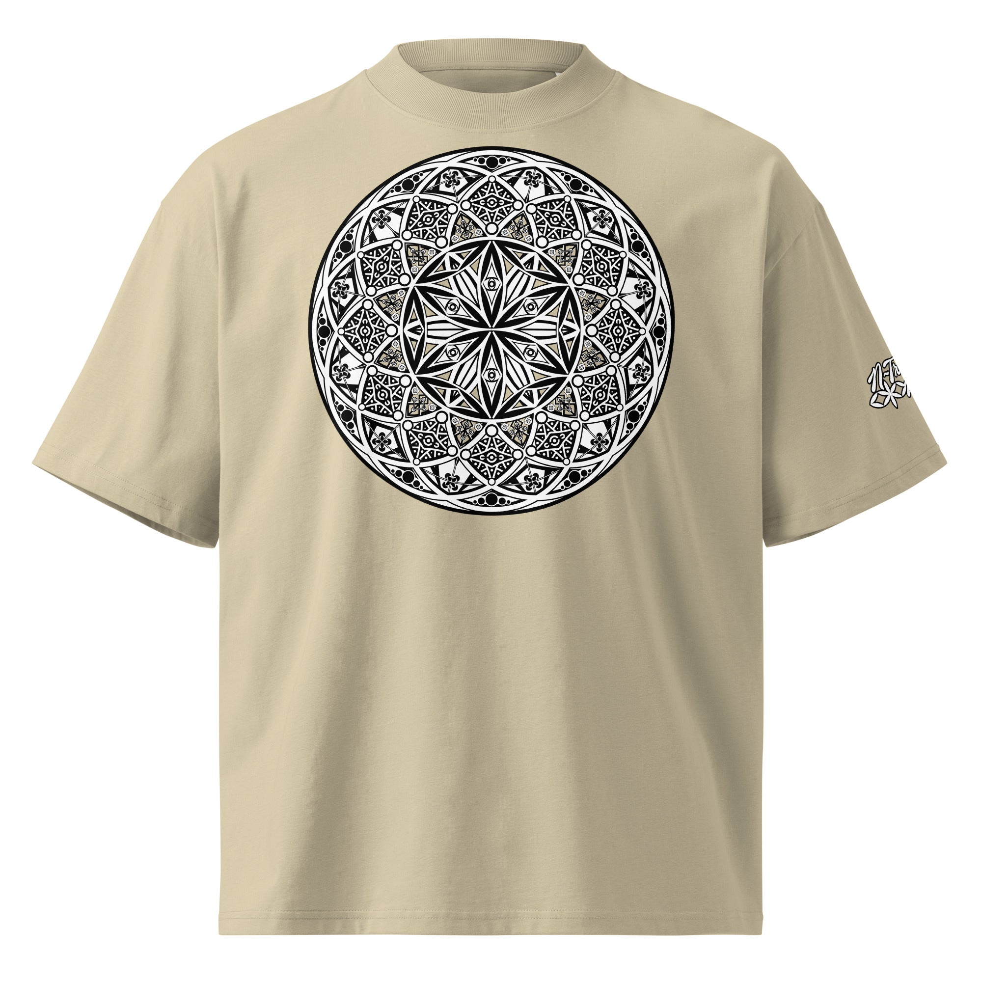 Mystic Eyes organic oversized high neck unisex t-shirt — sacred geometry mandala on front, Flower of Life on back, multiple colors