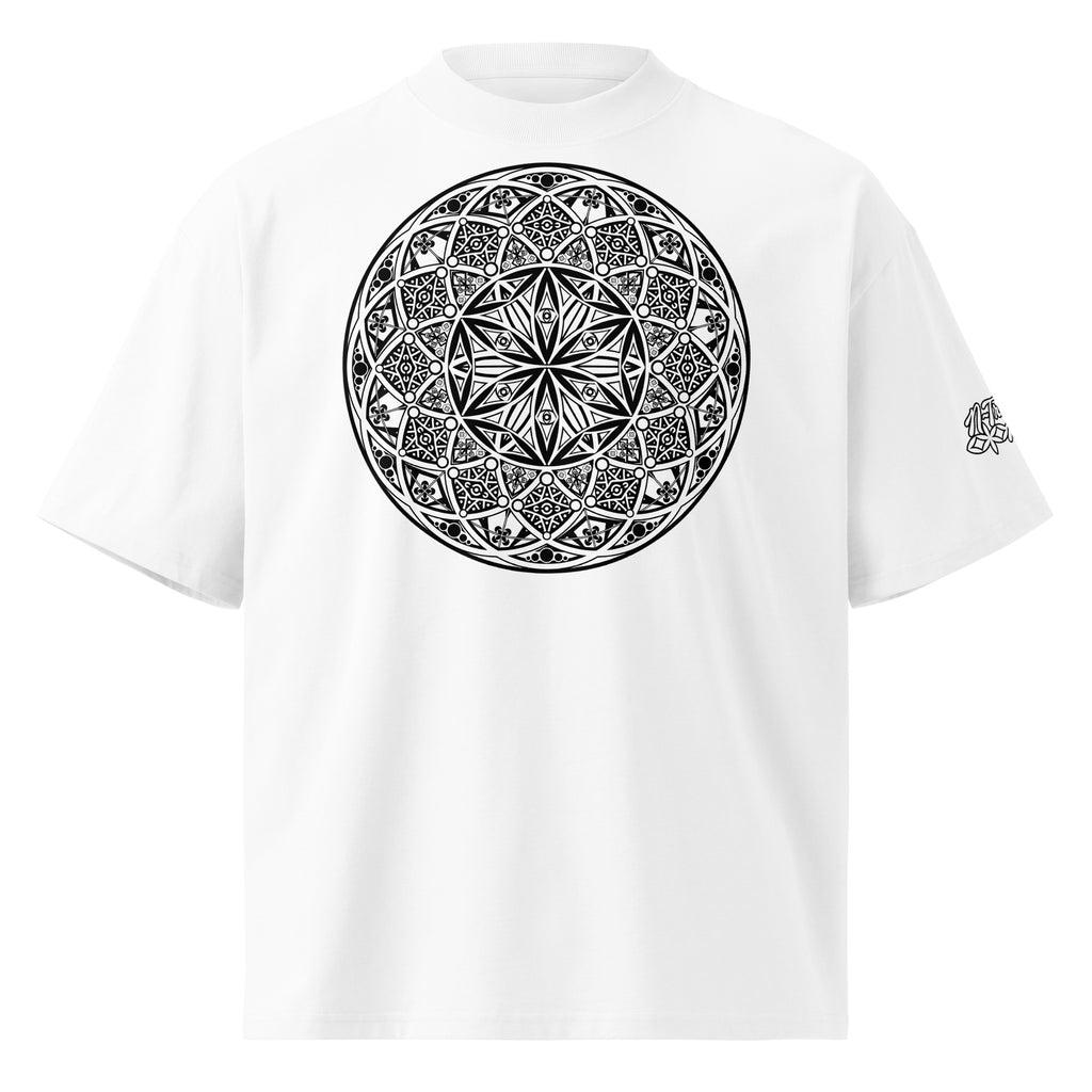 Mystic Eyes organic oversized high neck unisex t-shirt — sacred geometry mandala on front, Flower of Life on back, multiple colors