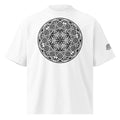 Mystic Eyes organic oversized high neck unisex t-shirt — sacred geometry mandala on front, Flower of Life on back, multiple colors