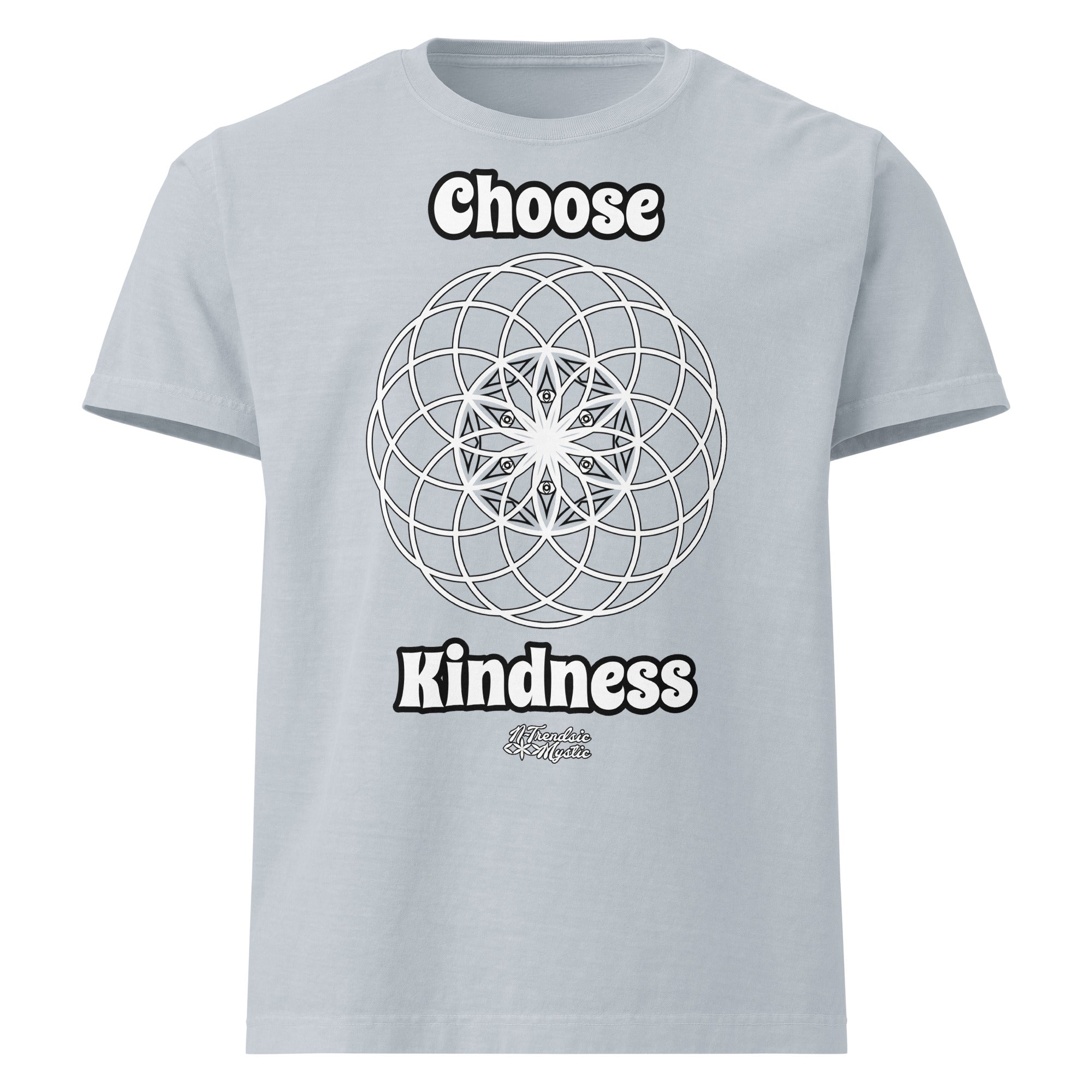 Choose Kindness unisex oversized t-shirt — black cotton tee with sacred geometry circle design and bold message in white text mockup