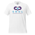Unisex eco-friendly t-shirt with Soul Enhancements logo, minimalist collaborative design in a soft staple fit.