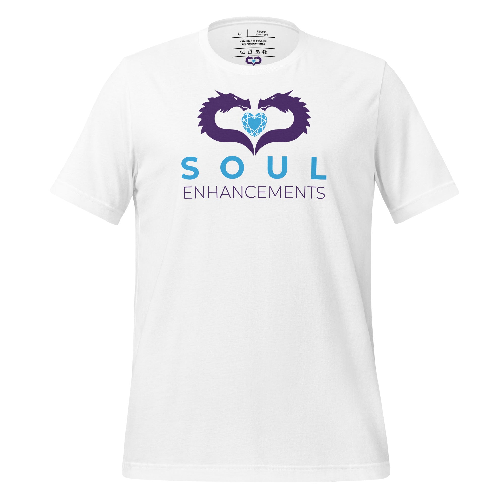 Unisex eco-friendly t-shirt with Soul Enhancements logo, minimalist collaborative design in a soft staple fit.