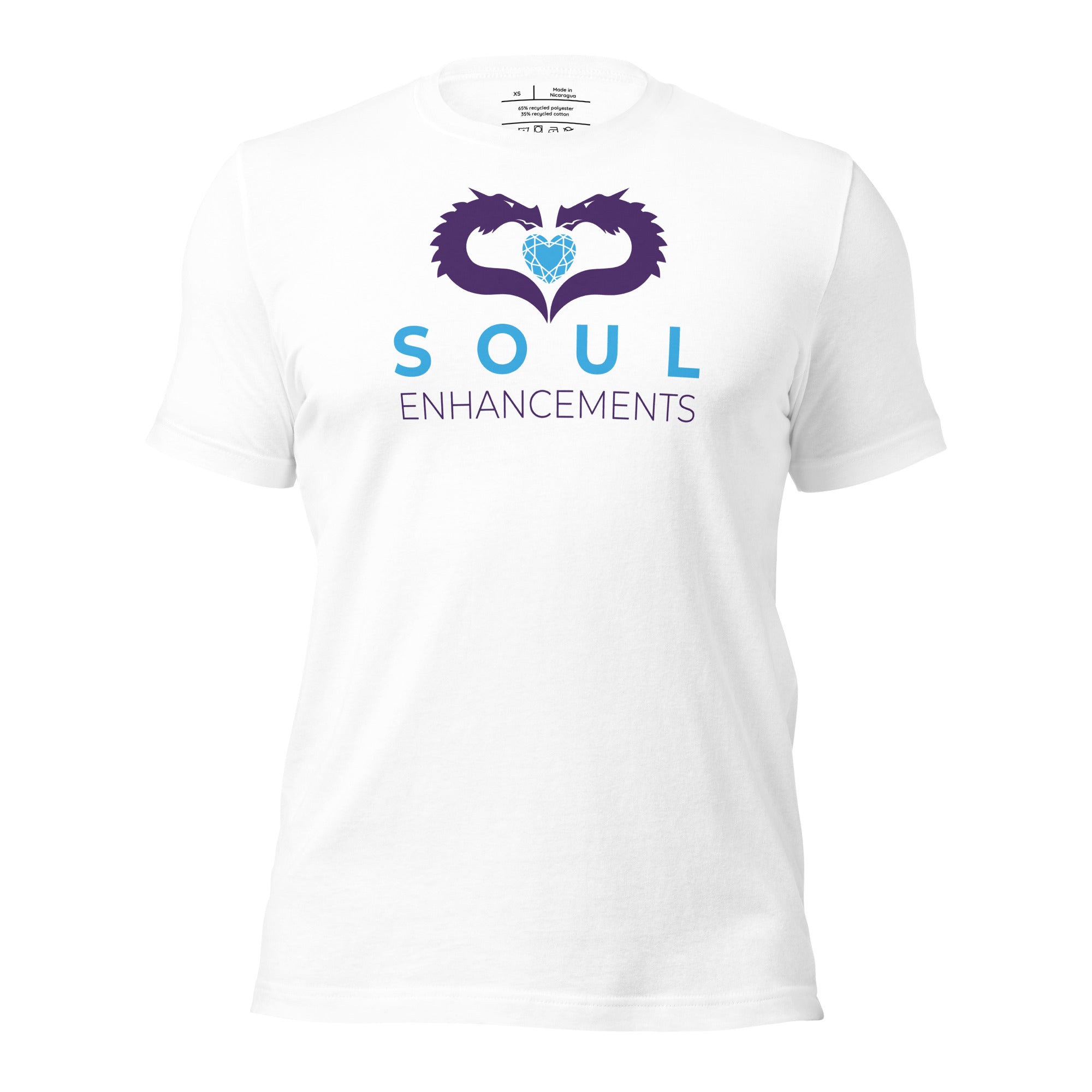 Unisex eco-friendly t-shirt with Soul Enhancements logo, minimalist collaborative design in a soft staple fit.