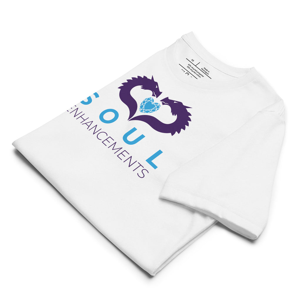 Unisex eco-friendly t-shirt with Soul Enhancements logo, minimalist collaborative design in a soft staple fit.