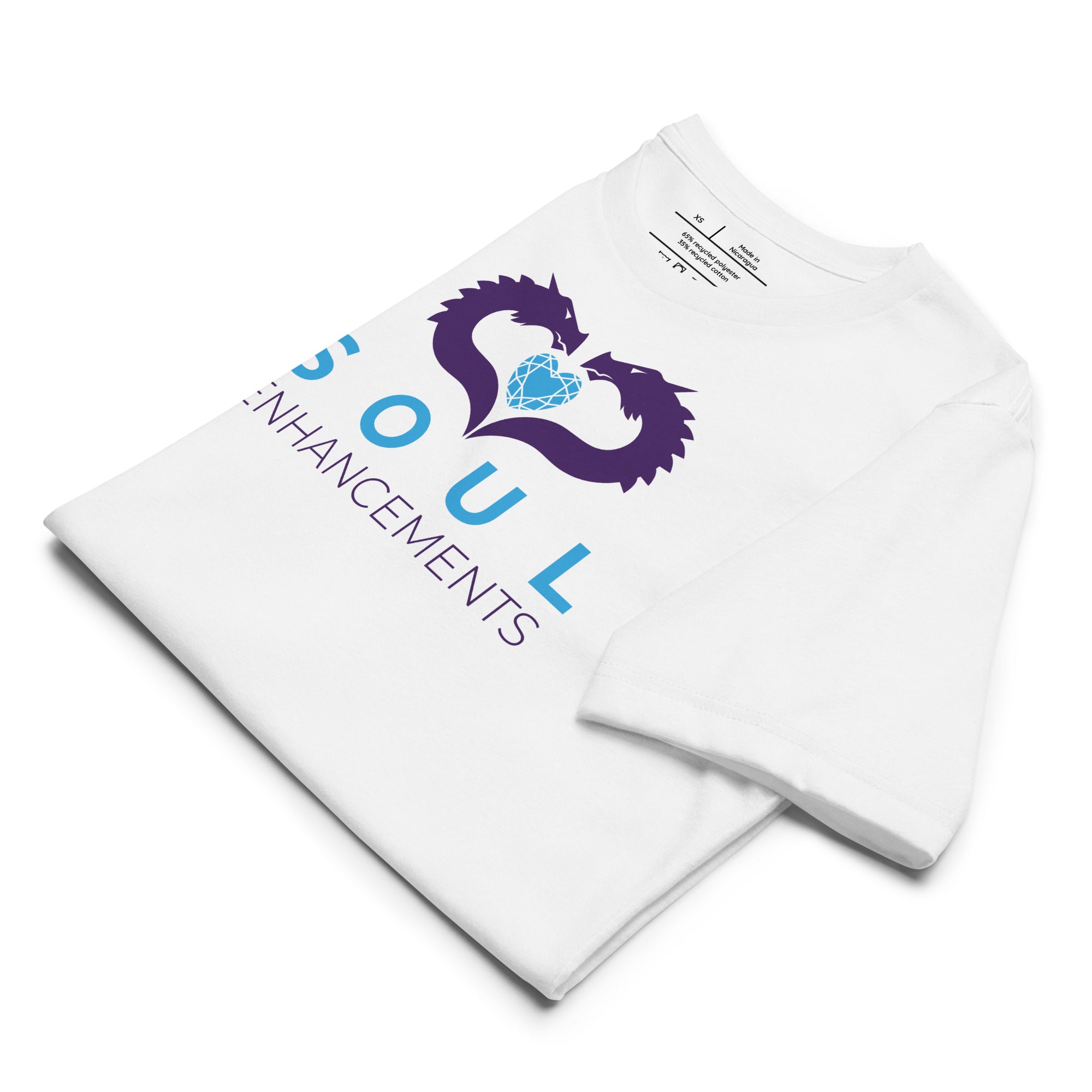 Unisex eco-friendly t-shirt with Soul Enhancements logo, minimalist collaborative design in a soft staple fit.
