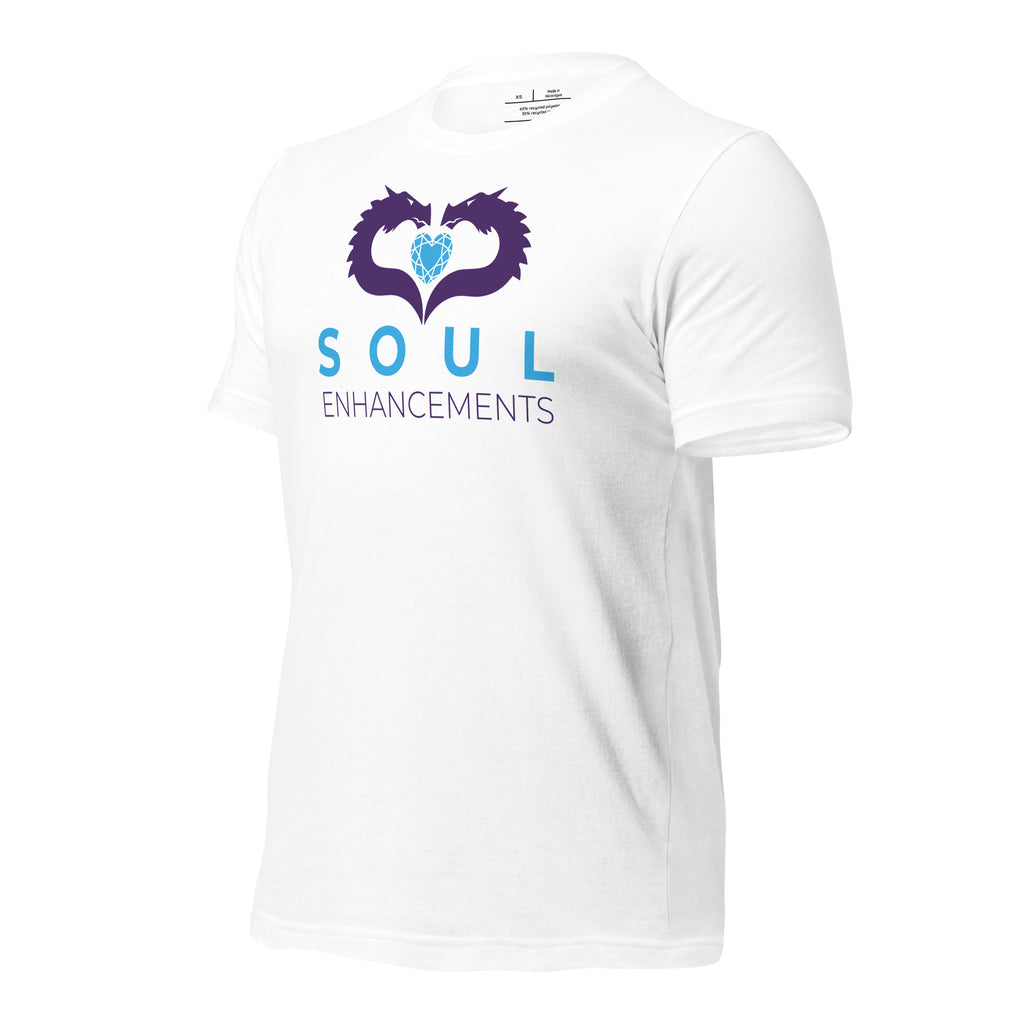 Unisex eco-friendly t-shirt with Soul Enhancements logo, minimalist collaborative design in a soft staple fit.