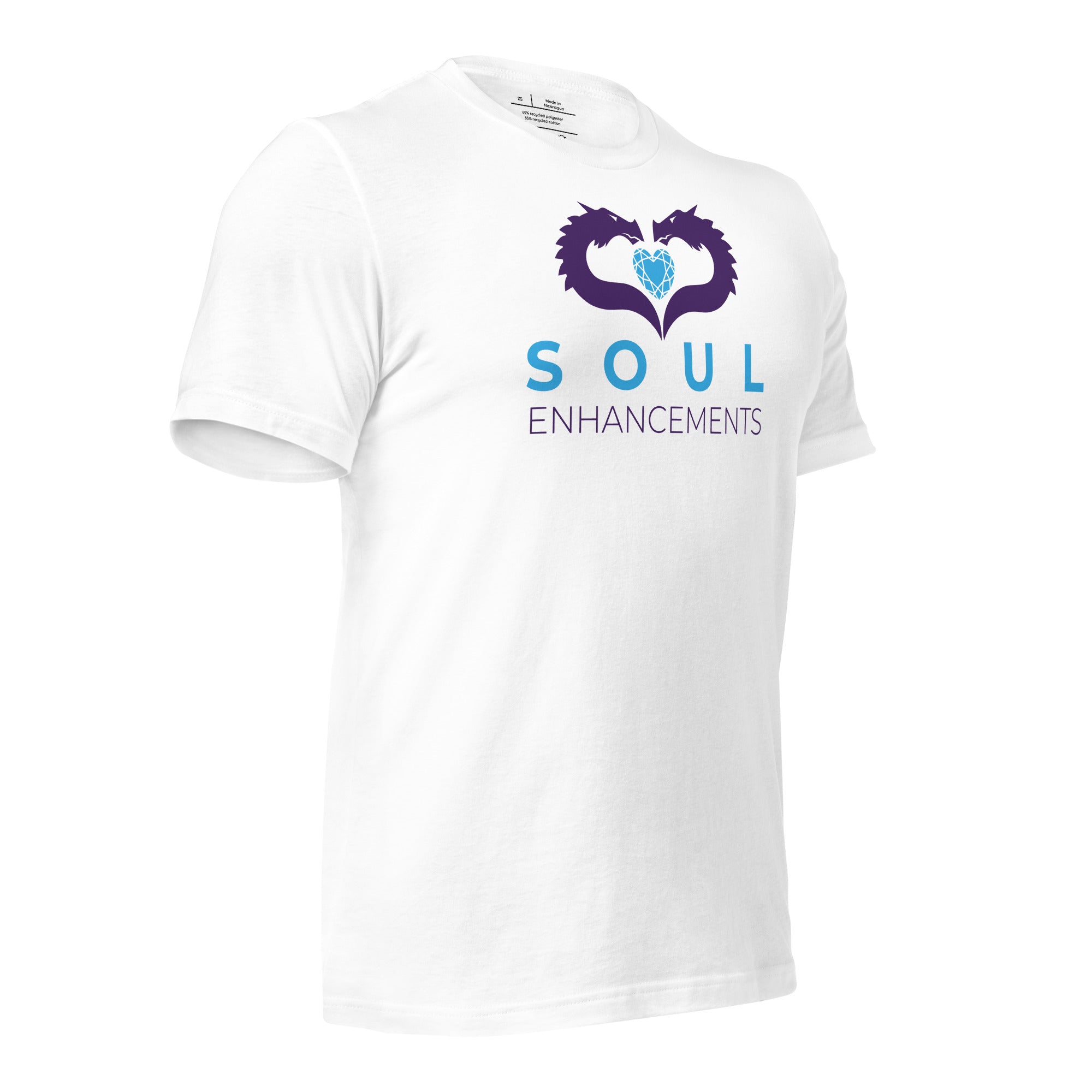 Unisex eco-friendly t-shirt with Soul Enhancements logo, minimalist collaborative design in a soft staple fit.