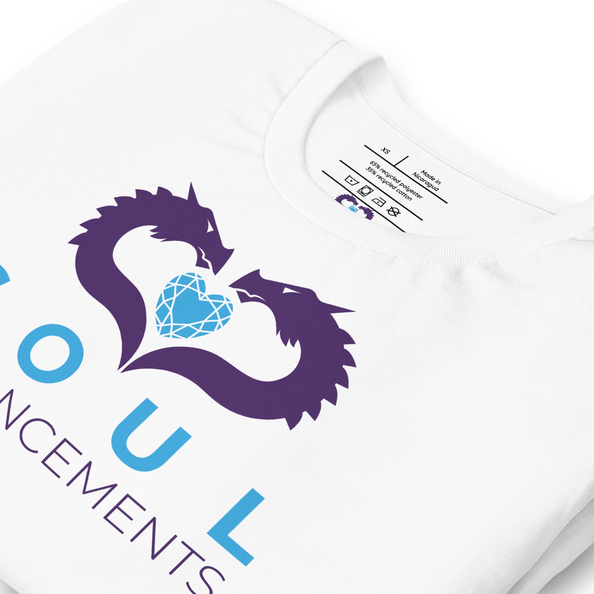 Unisex eco-friendly t-shirt with Soul Enhancements logo, minimalist collaborative design in a soft staple fit.