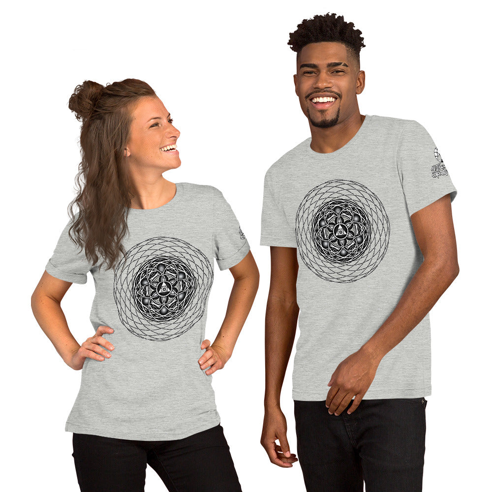 Quintessence unisex t-shirt — sacred geometry mandala with Flower of Life, all-seeing eye, and elemental balance design