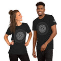 Quintessence unisex t-shirt — sacred geometry mandala with Flower of Life, all-seeing eye, and elemental balance design