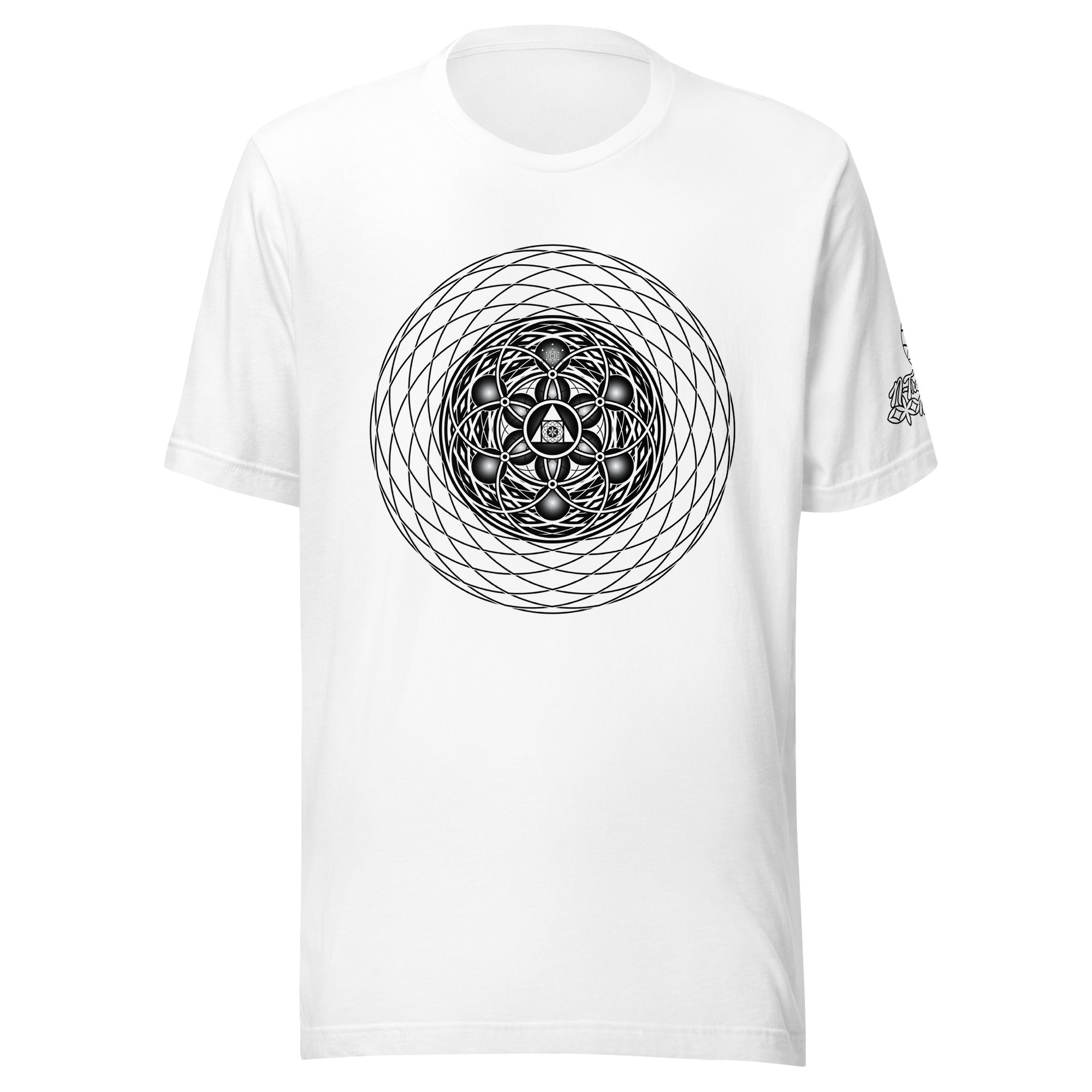 Quintessence unisex t-shirt — sacred geometry mandala with Flower of Life, all-seeing eye, and elemental balance design
