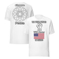 The People United unisex t-shirt with front unity fist, American flag, and “Will Never Be Divided” text, back mandala with “Choose Peace” wording