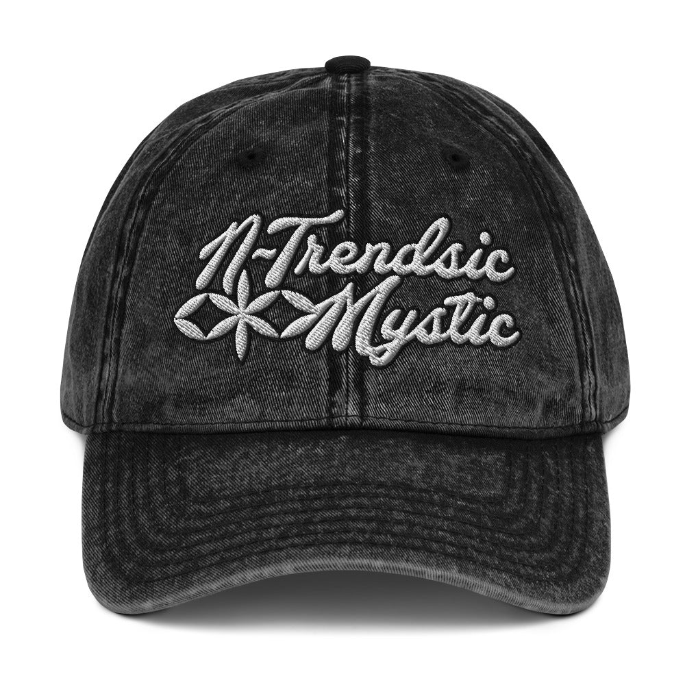 Mystic Classic vintage cotton twill cap — relaxed six-panel hat with embroidered sacred geometry emblem and adjustable fabric strap