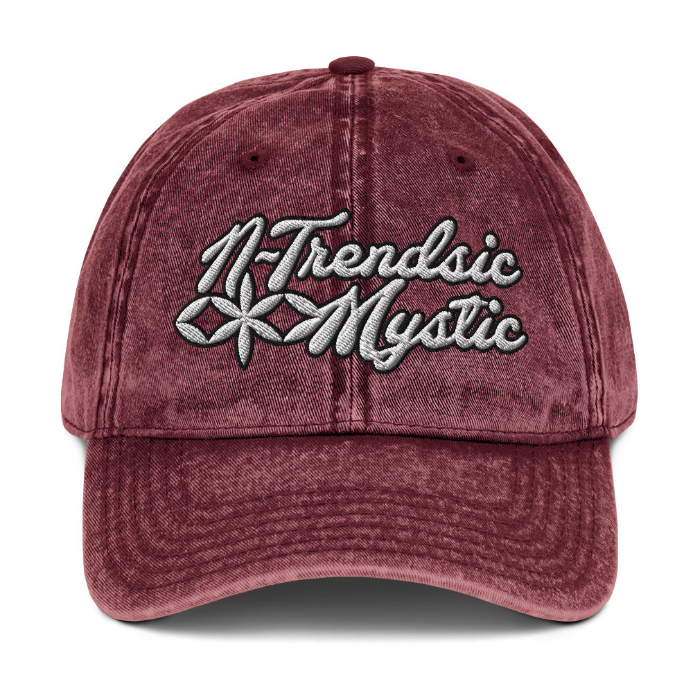 Mystic Classic vintage cotton twill cap — relaxed six-panel hat with embroidered sacred geometry emblem and adjustable fabric strap mockup