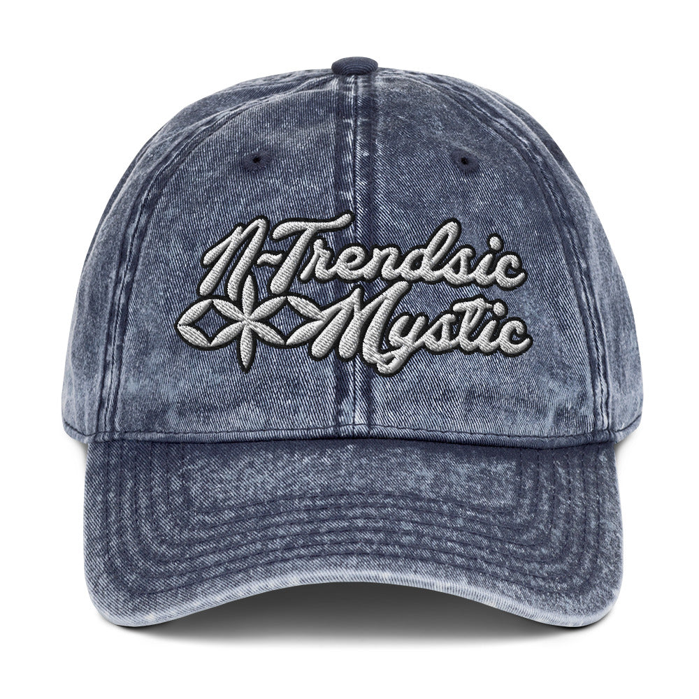 Mystic Classic vintage cotton twill cap — relaxed six-panel hat with embroidered sacred geometry emblem and adjustable fabric strap mockup