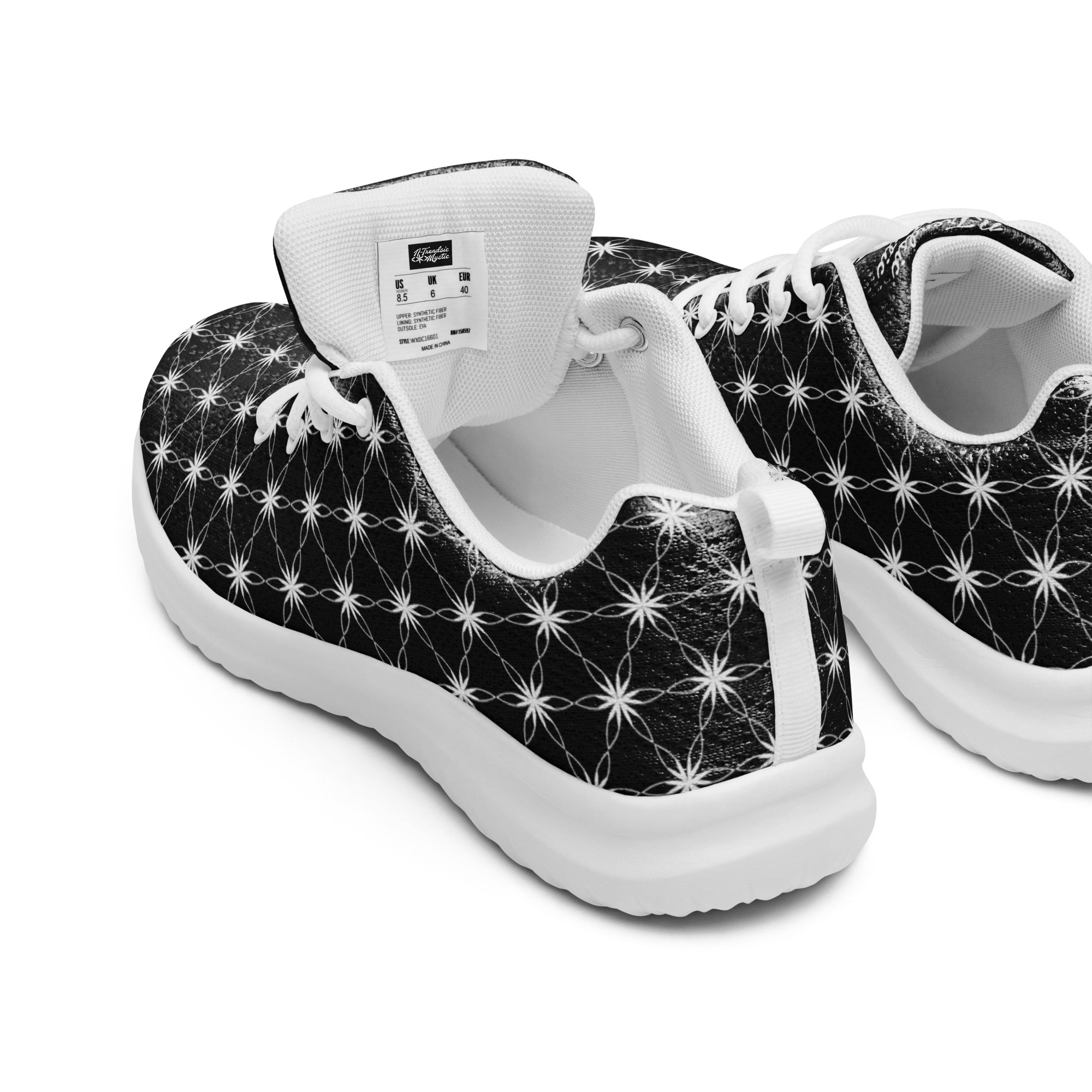 Women’s athletic shoes featuring all-over black-and-white Flower of Life pattern, white sole, and NTrendSic Mystic logo.