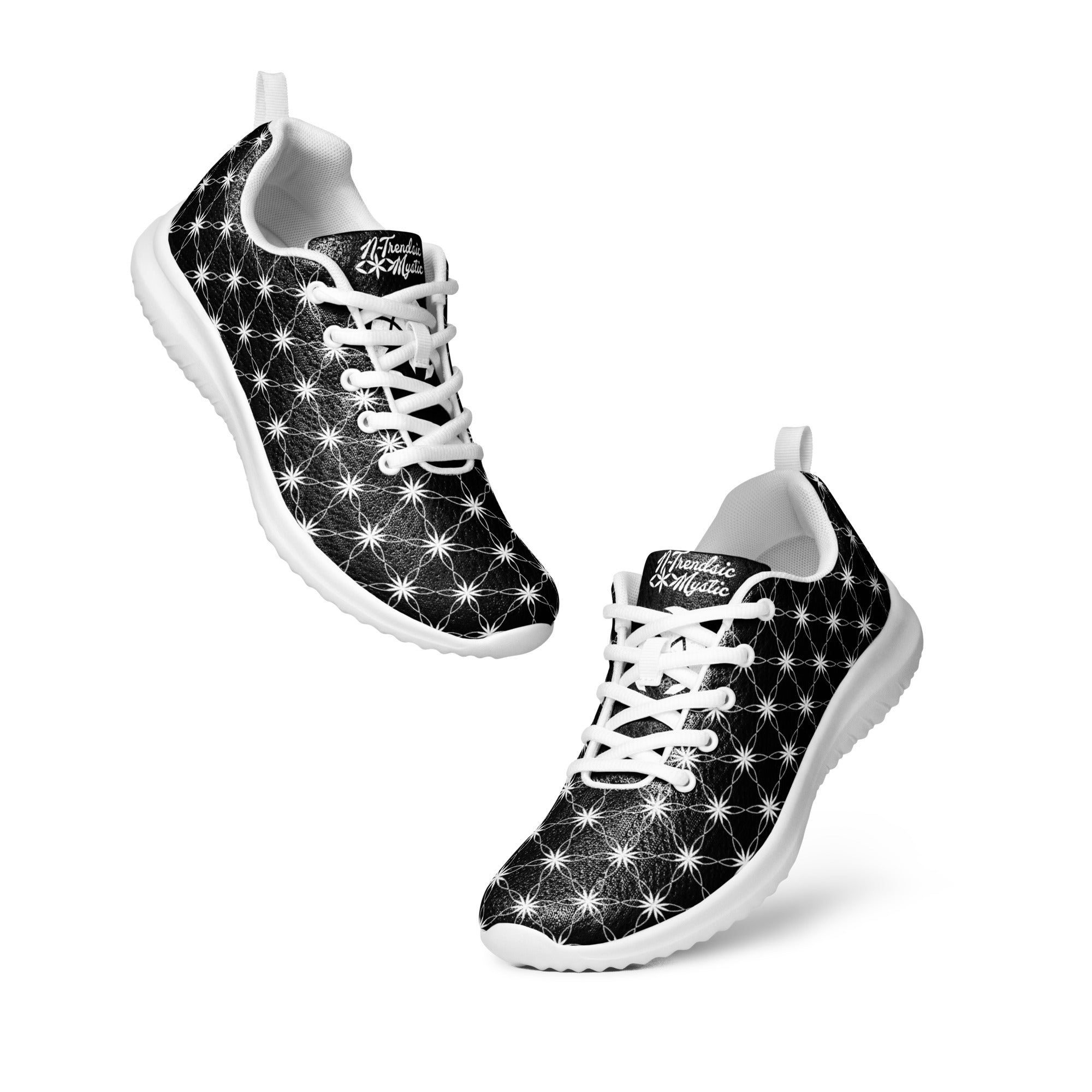 Women’s athletic shoes featuring all-over black-and-white Flower of Life pattern, white sole, and NTrendSic Mystic logo.