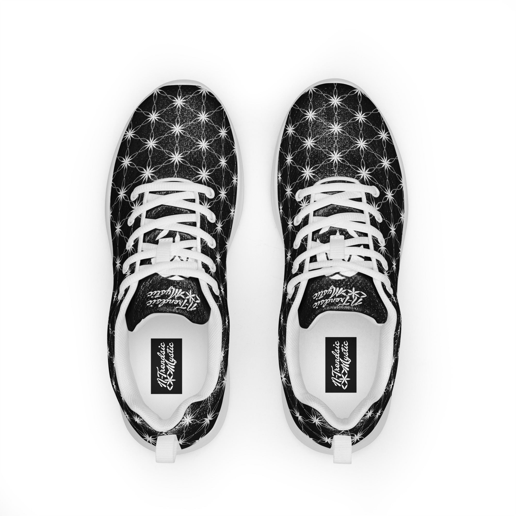 Women’s athletic shoes featuring all-over black-and-white Flower of Life pattern, white sole, and NTrendSic Mystic logo.