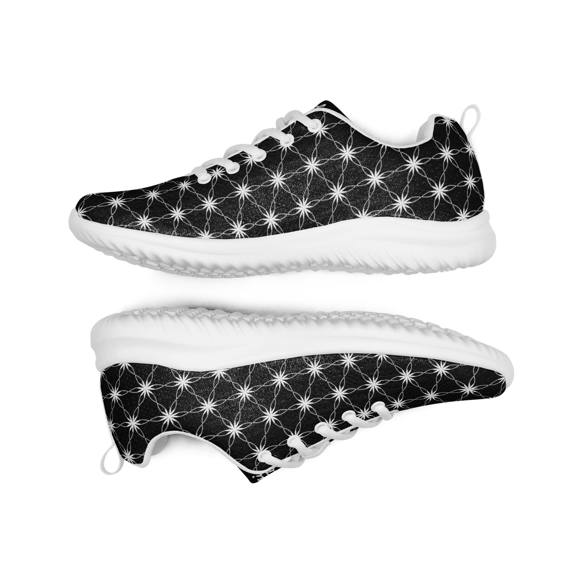 Women’s athletic shoes featuring all-over black-and-white Flower of Life pattern, white sole, and NTrendSic Mystic logo.