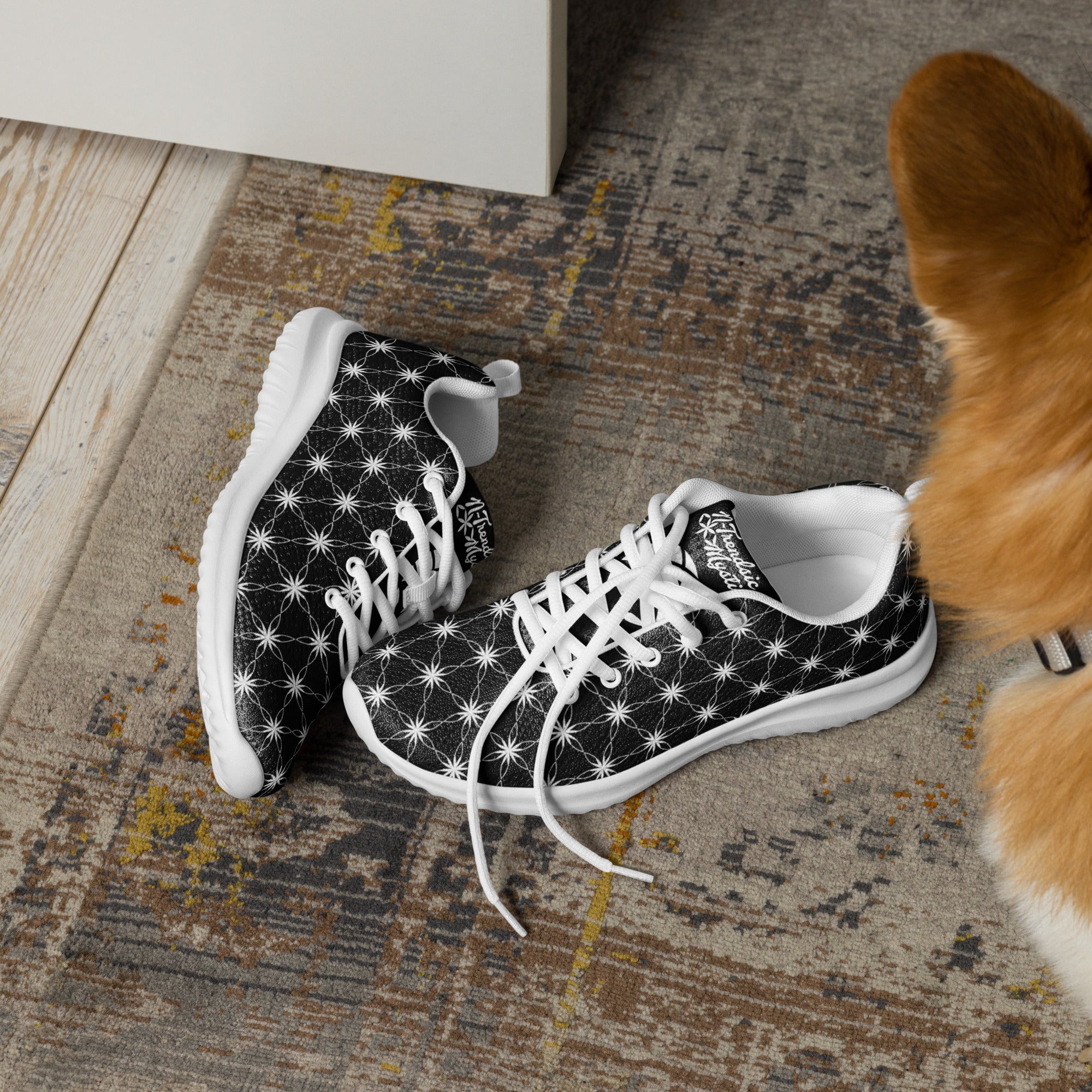 Women’s athletic shoes featuring all-over black-and-white Flower of Life pattern, white sole, and NTrendSic Mystic logo.