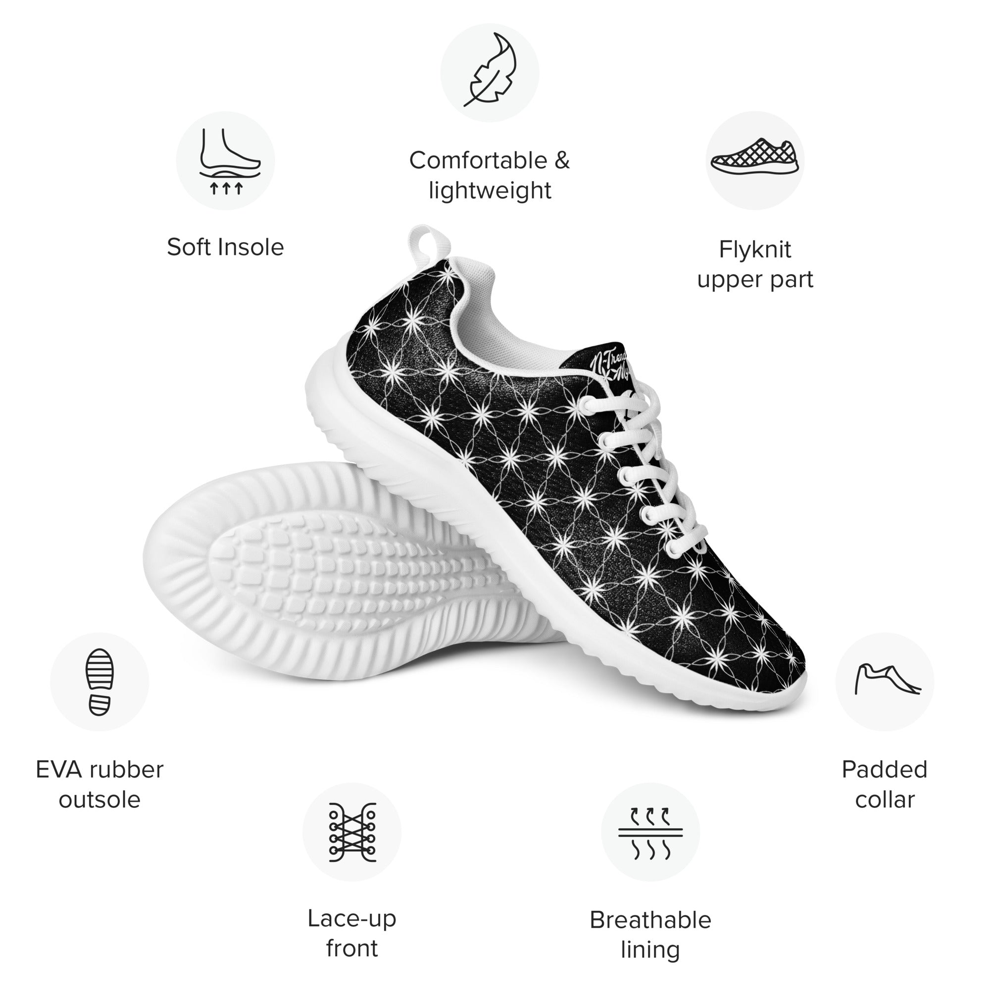 Women’s athletic shoes featuring all-over black-and-white Flower of Life pattern, white sole, and NTrendSic Mystic logo.