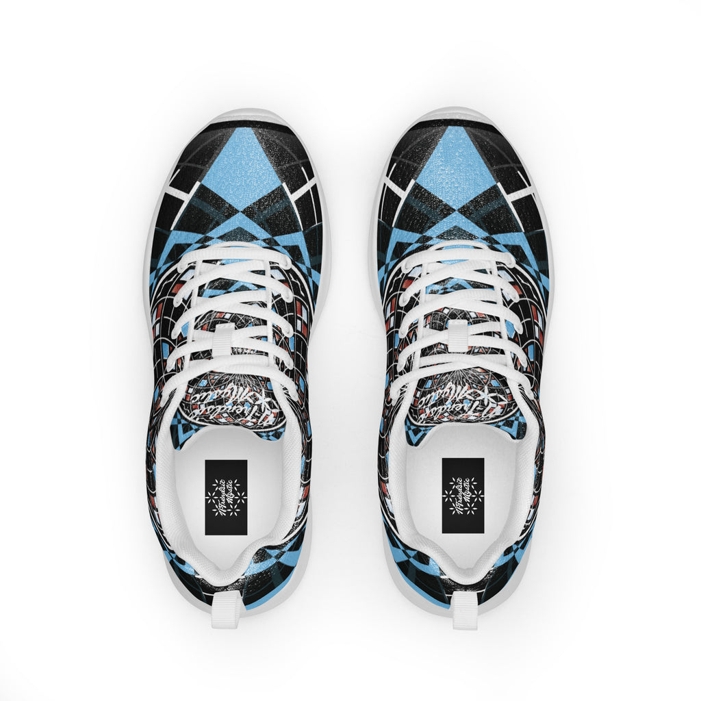 Quantum Bloom women’s athletic shoes — black, blue & crimson sacred geometry sneakers with lightweight flyknit upper