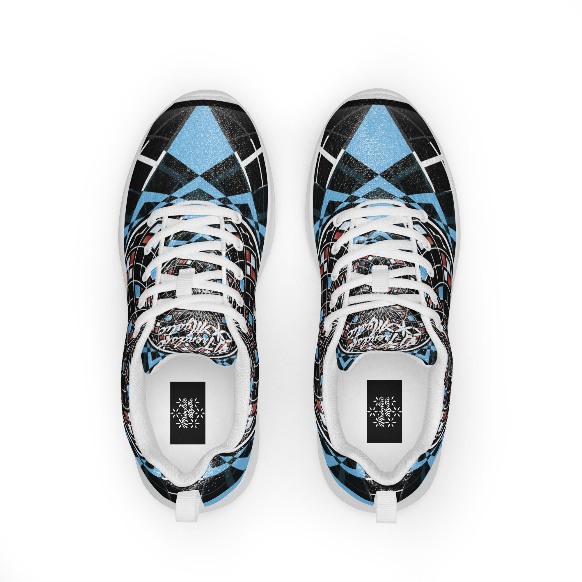 Quantum Bloom women’s athletic shoes — black, blue & crimson sacred geometry sneakers with lightweight flyknit upper