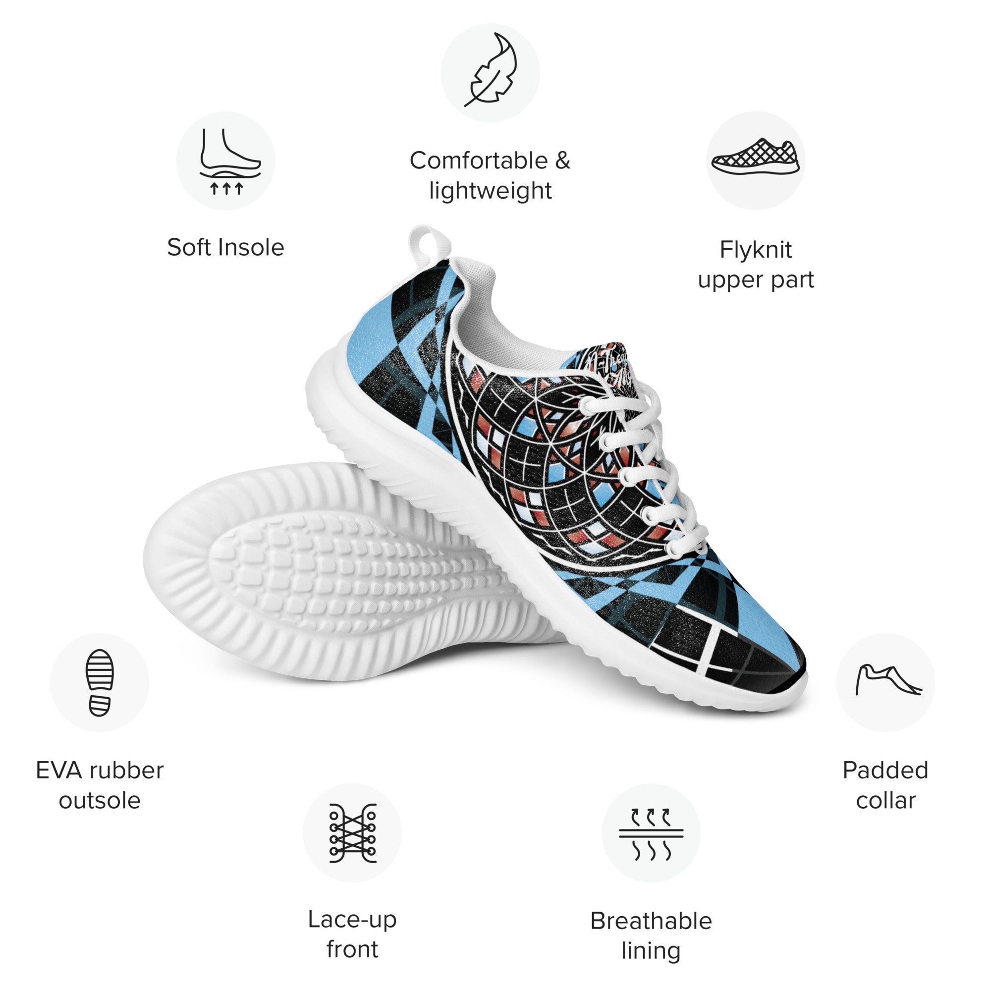 Quantum Bloom women’s athletic shoes — black, blue & crimson sacred geometry sneakers with lightweight flyknit upper