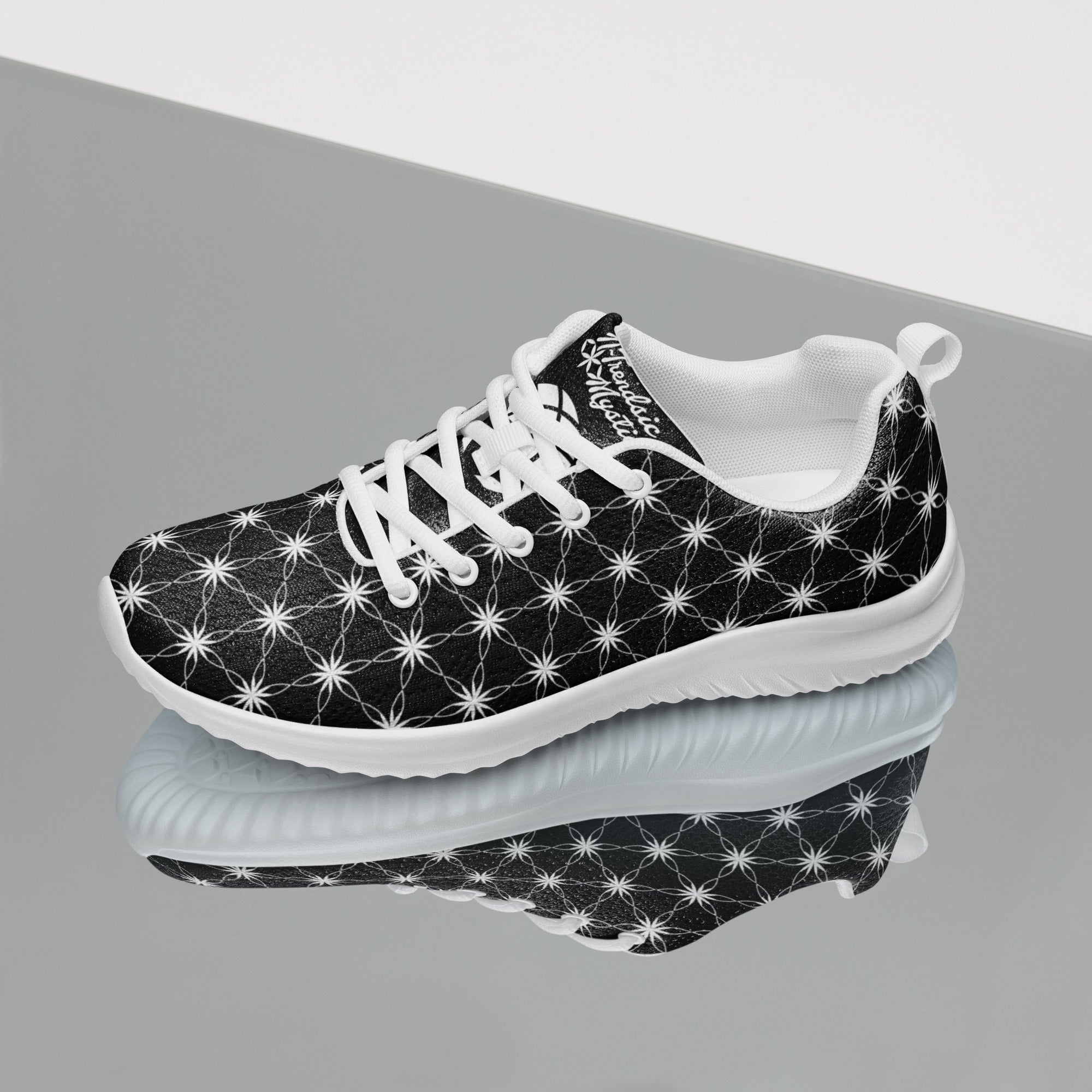 Women’s athletic shoes featuring all-over black-and-white Flower of Life pattern, white sole, and NTrendSic Mystic logo.