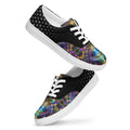 Tread Lightly women’s lace-up canvas shoes — black sacred geometry sneakers with cosmic art