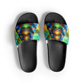 Lani Ascension women’s slides — colorful geometric visionary art strap with black footbed, cushioned faux leather, and contoured sole