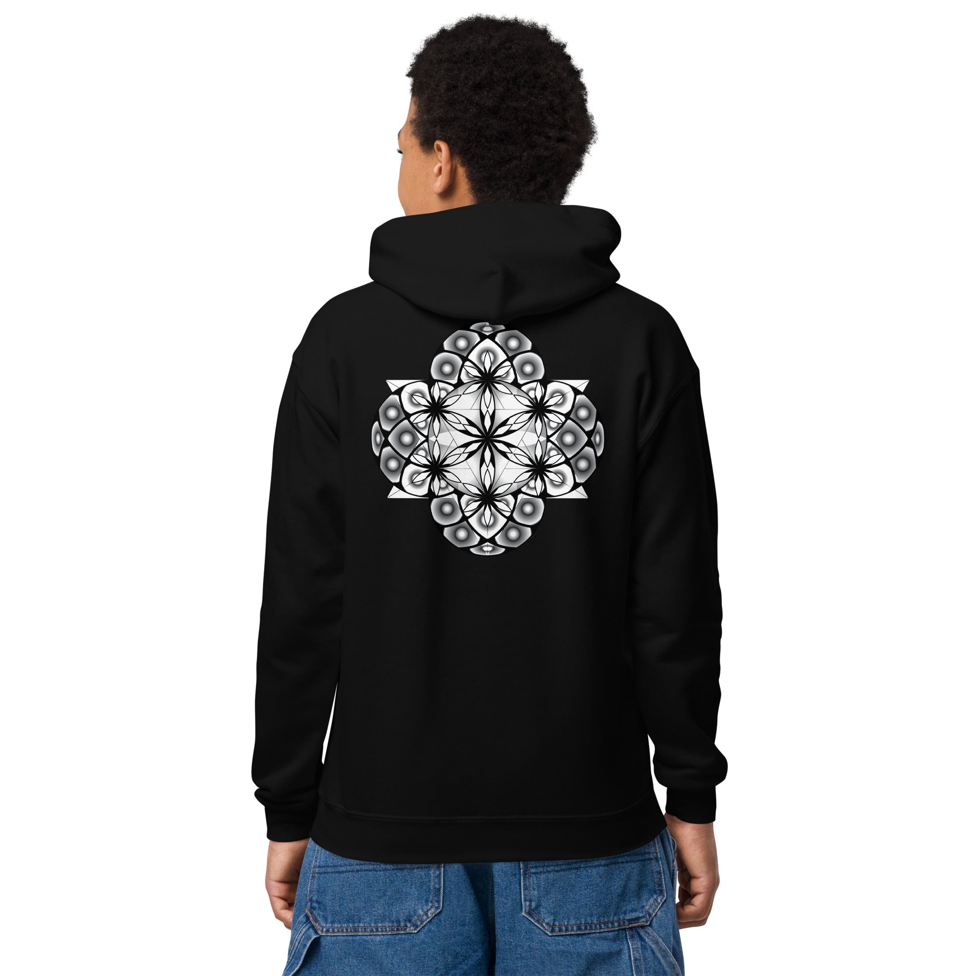 Little Mystics youth hoodie with luminous Flower of Life sacred geometry design on back and front logo