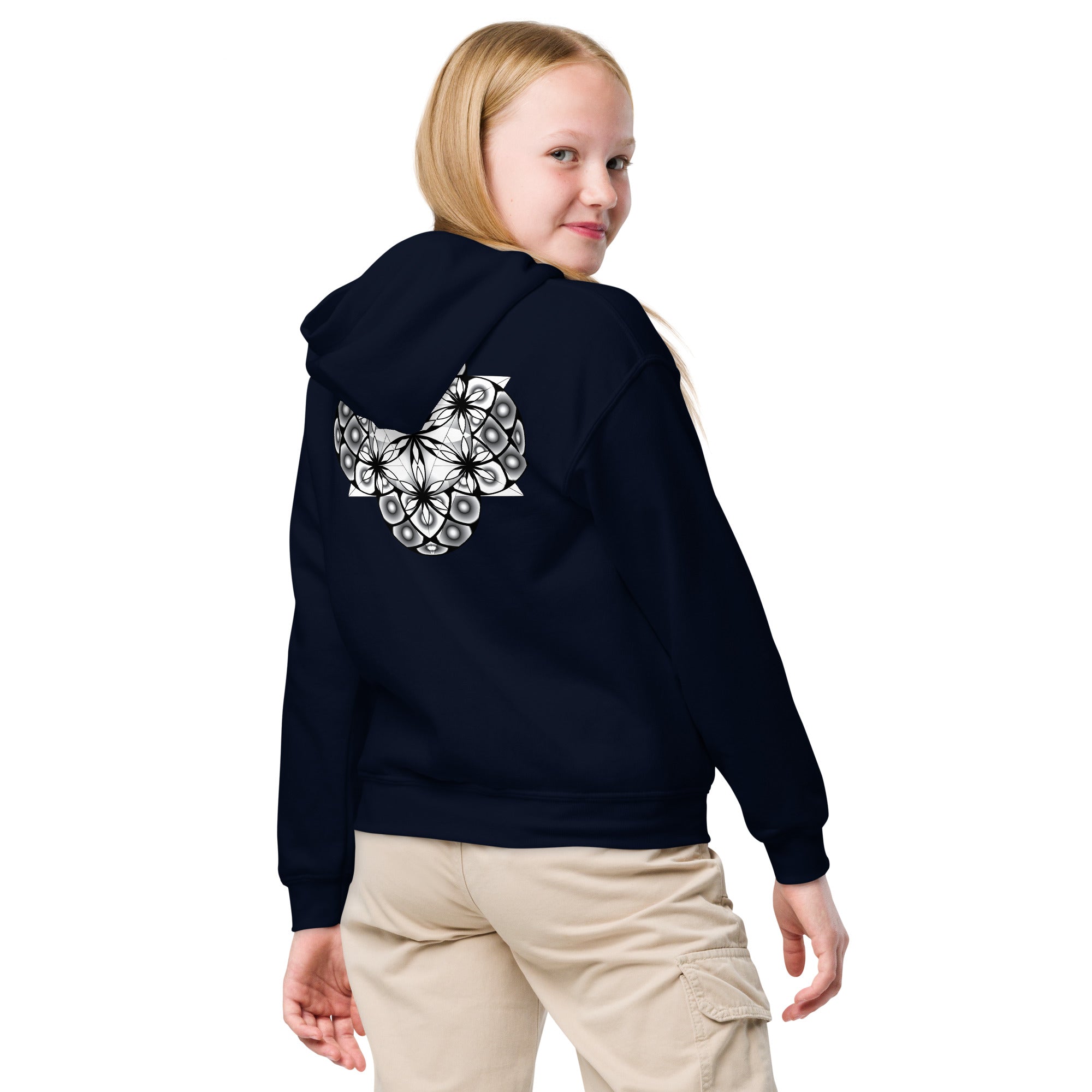 Little Mystics youth hoodie with luminous Flower of Life sacred geometry design on back and front logo