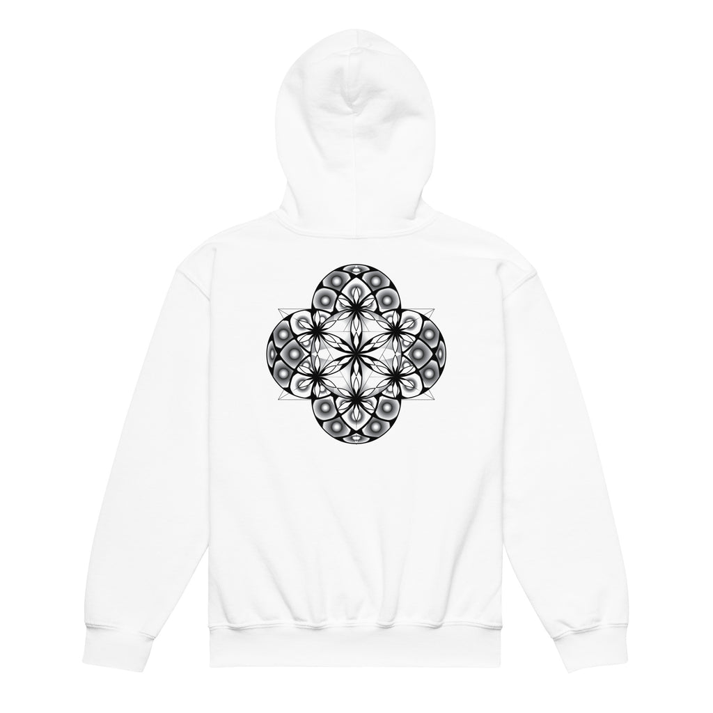 Little Mystics youth hoodie with luminous Flower of Life sacred geometry design on back and front logo